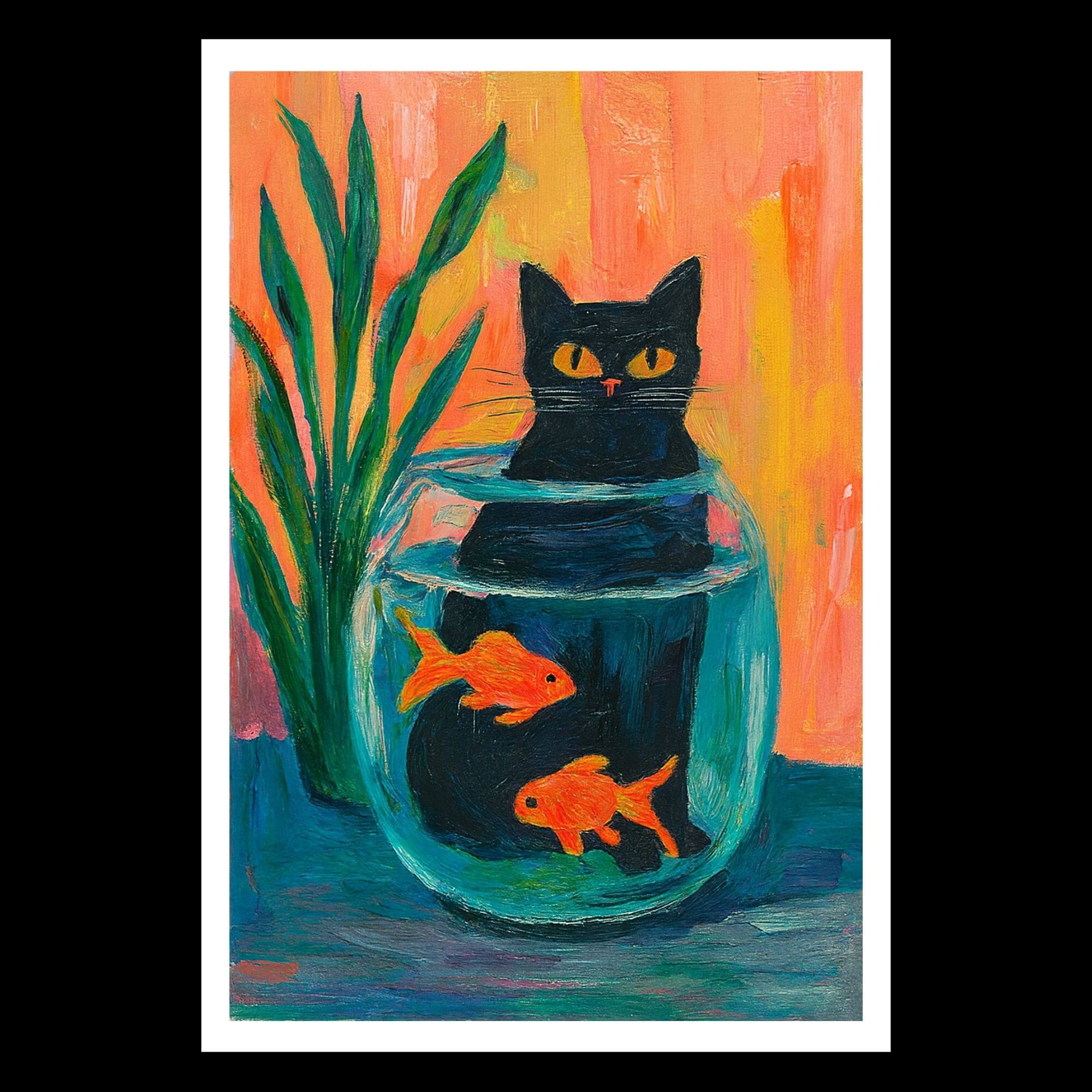 Black Cat in Fishbowl Wall Art – Whimsical Cat and Goldfish Painting – Funny Surreal Animal Decor – Colorful Pet Lover Gift - Image 4