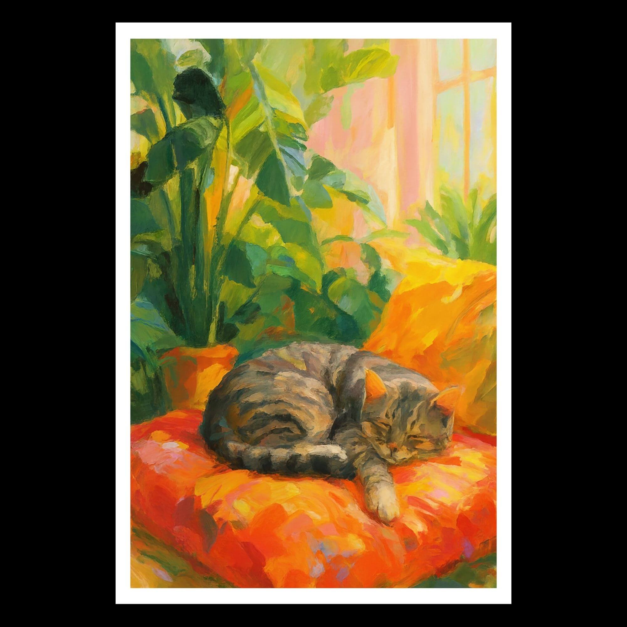 Sleeping Tabby Cat Wall Art – Cozy Home Decor with Plants & Sunlight – Peaceful Feline Painting for Cat Lovers - Image 4