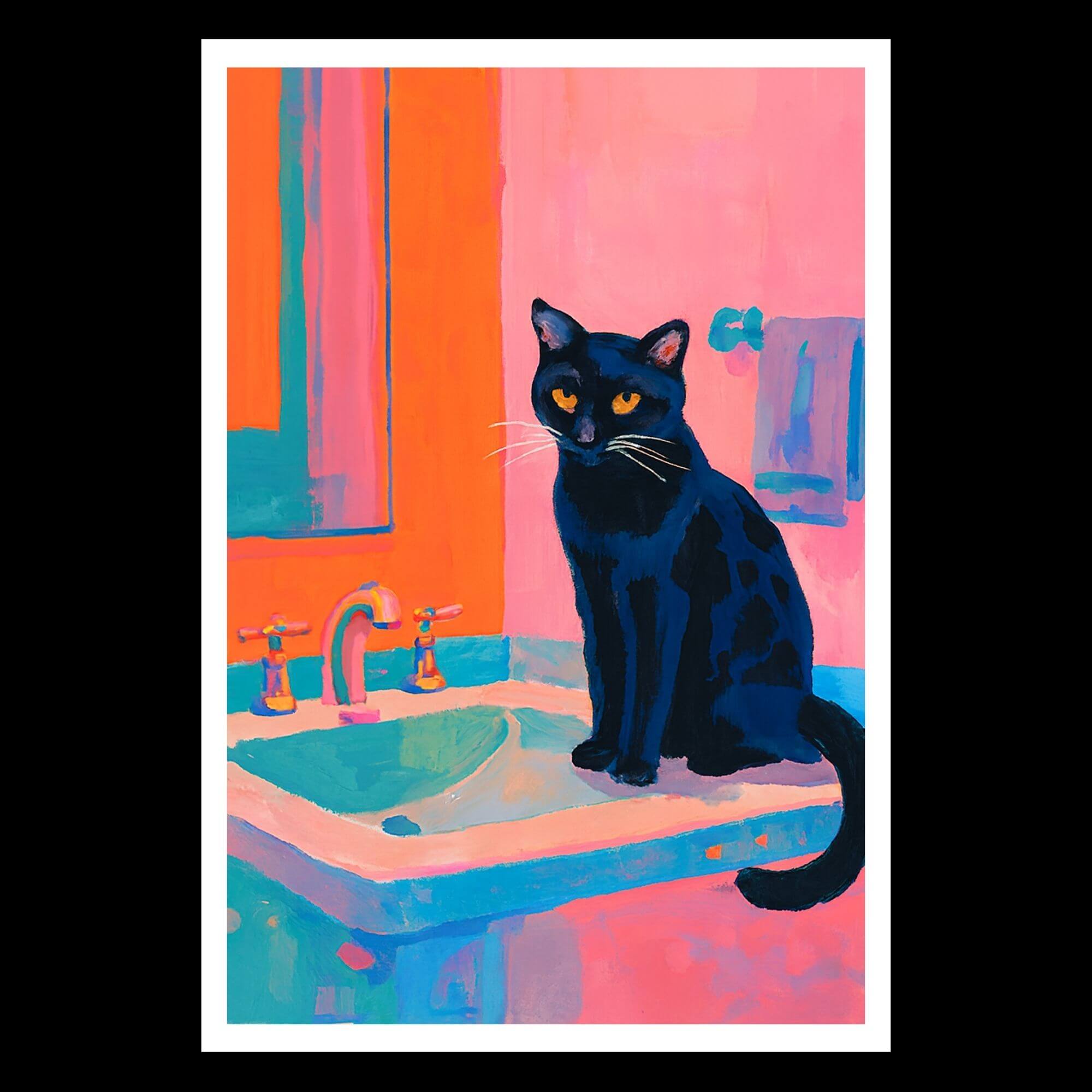 Black Cat Bathroom Wall Art – Vibrant Abstract Cat Print with Orange Eyes – Quirky Colorful Cat Decor for Home or Gift - Image 2