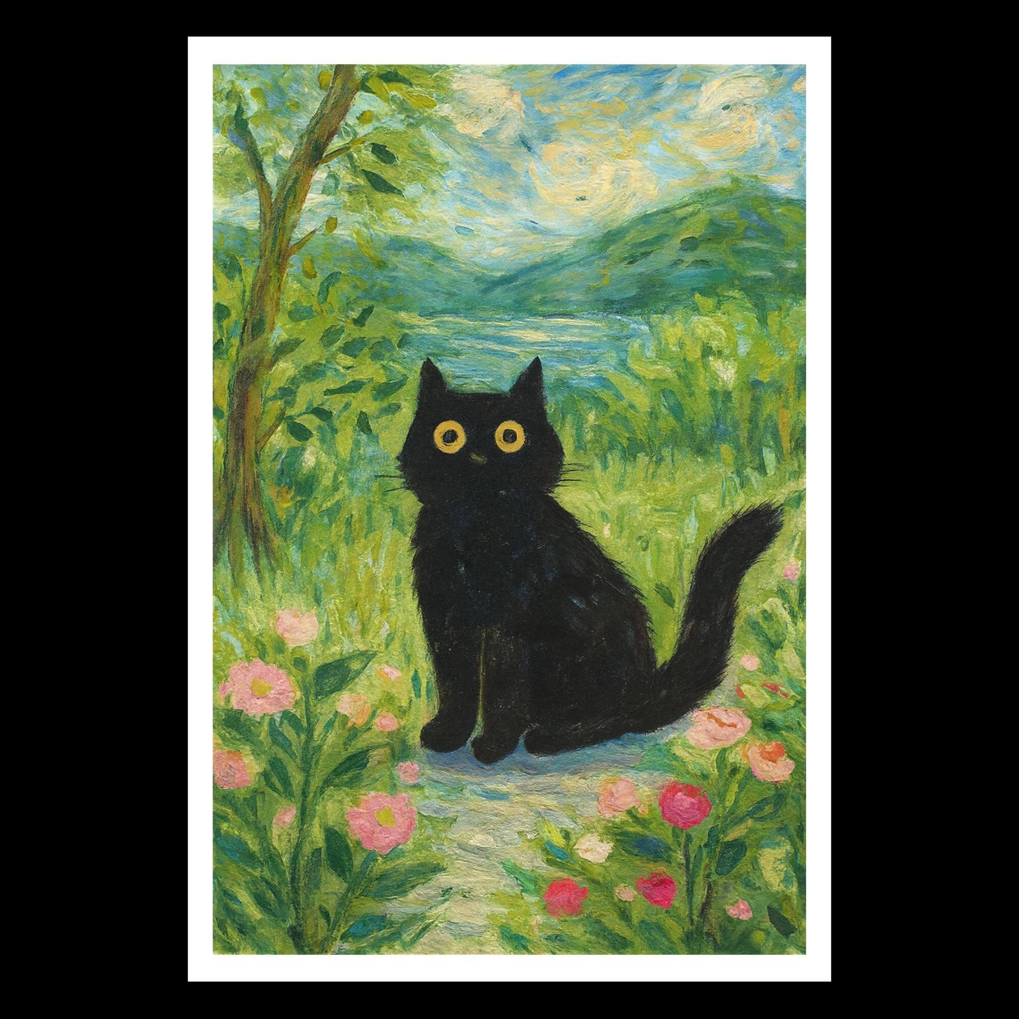 Mystical Black Cat Wall Art – Vibrant Garden Landscape Painting for Cat Lovers, Whimsical Home Decor - Image 4
