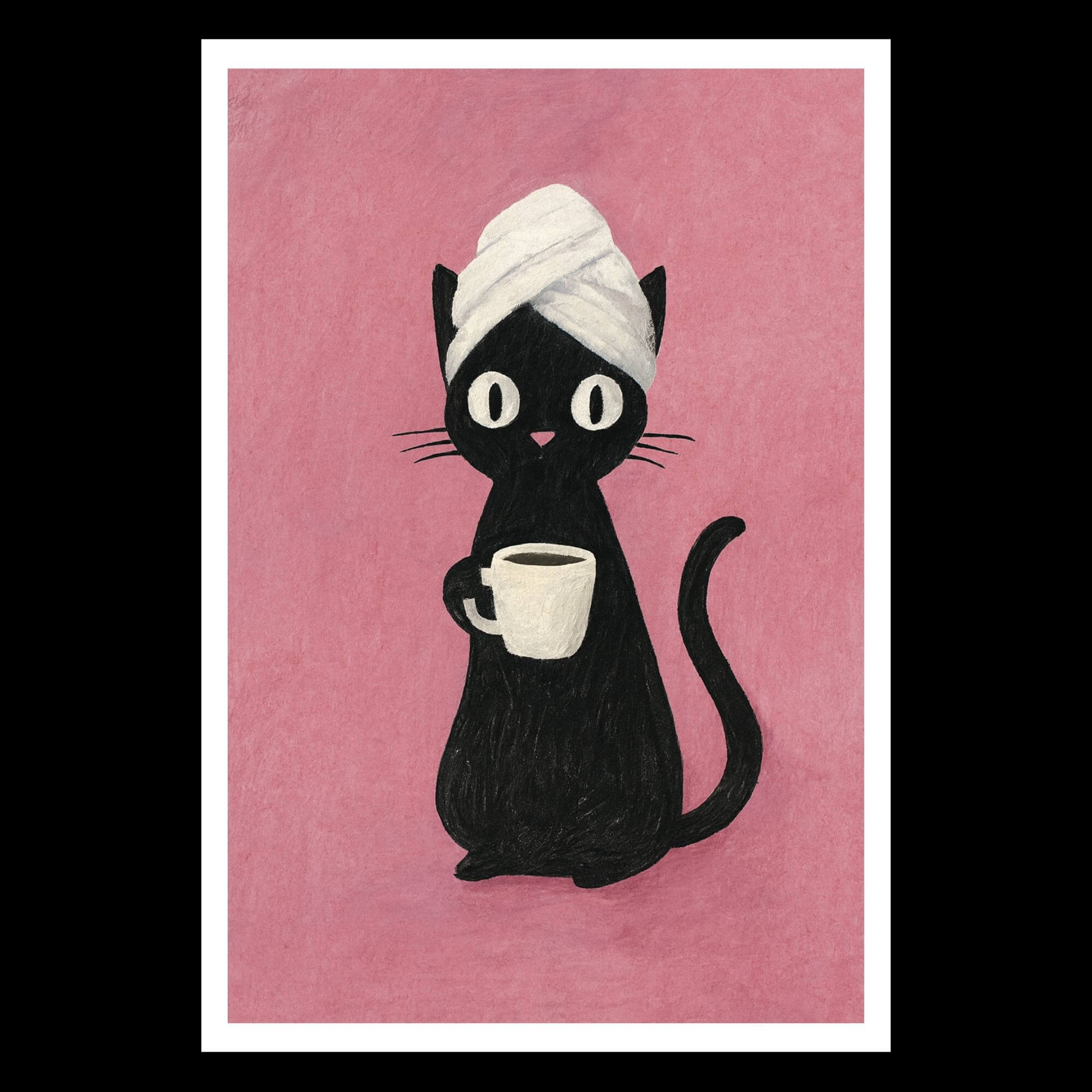 Black Cat with Coffee Mug – Funny Cat Wall Art, Pink Background, Turban Towel Cat Print, Cozy Bathroom Decor - Image 4