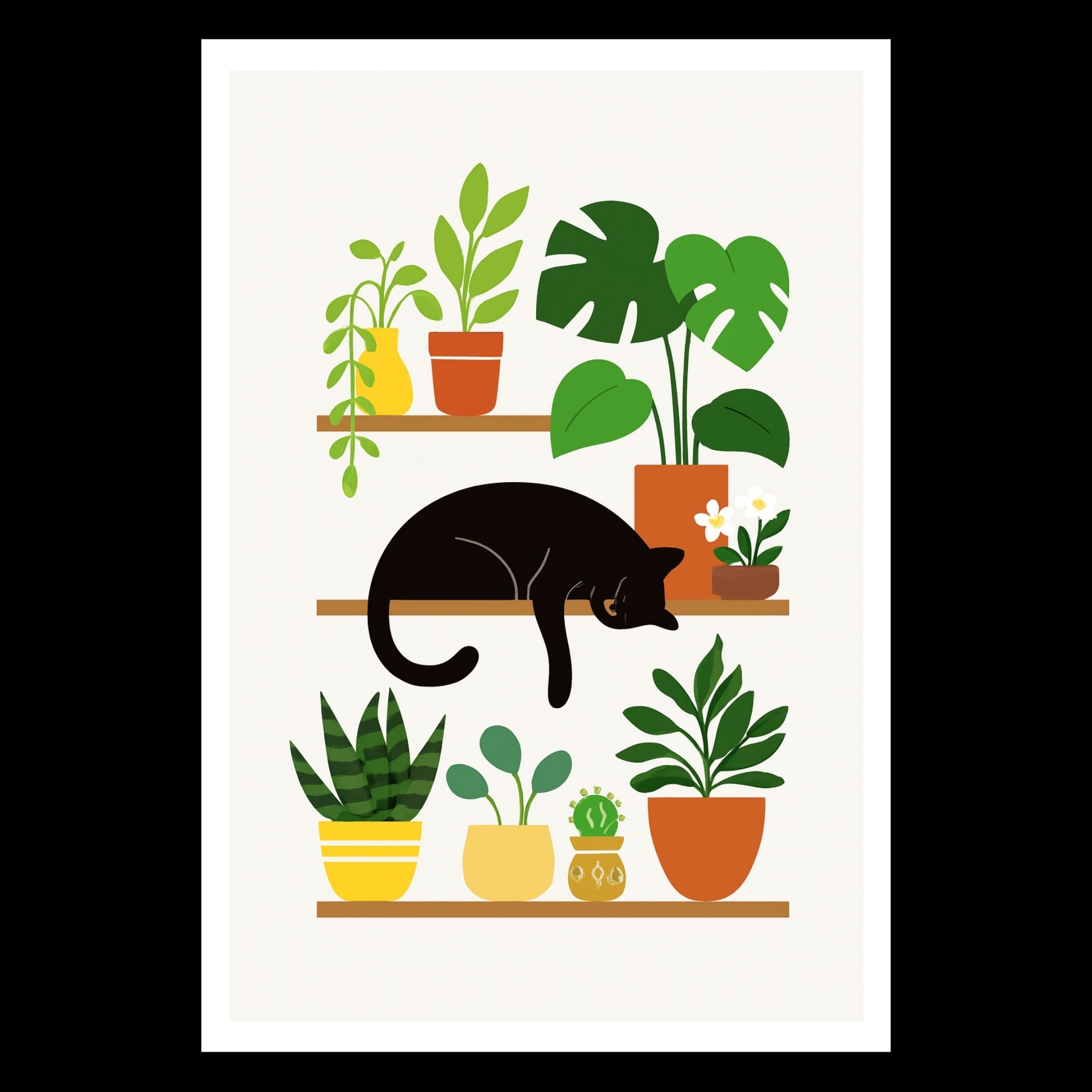 Sleeping Black Cat on Plant Shelf – Cozy Botanical Wall Art, Minimalist Cat Lover Gift, Boho Home Decor Printable - Image 4