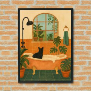 Whimsical black cat in a bubble bath vintage clawfoot tub wall art