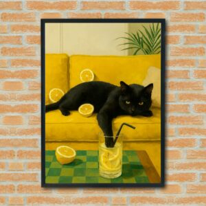 Black Cat Lemonade Lounge – Funny Cat Wall Art, Vibrant Yellow Decor, Quirky Animal Print for Kitchen or Living Room
