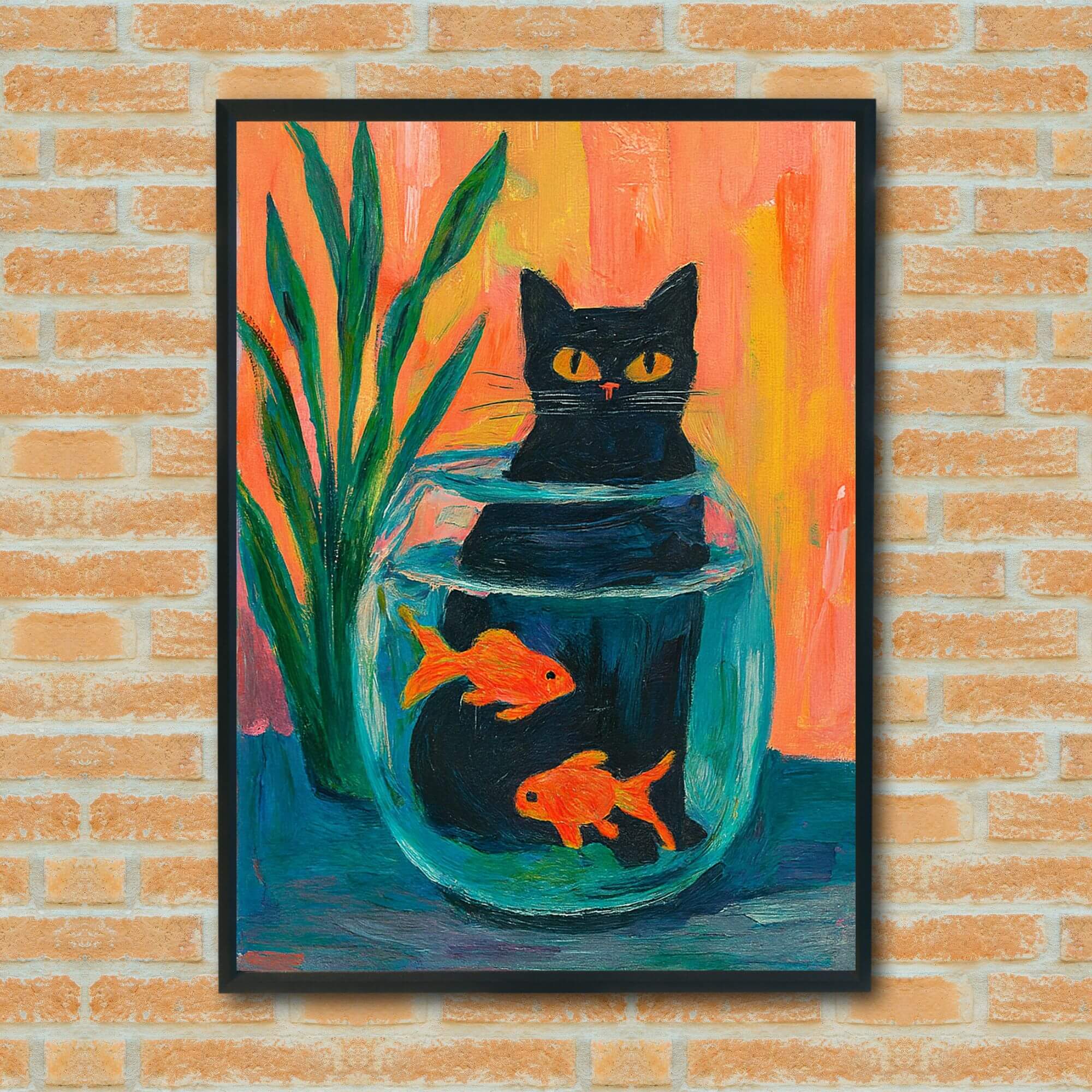 Black Cat in Fishbowl Wall Art – Whimsical Cat and Goldfish Painting – Funny Surreal Animal Decor – Colorful Pet Lover Gift