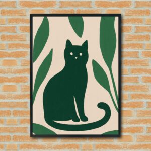 Minimalist Cat Wall Art – Green Leaf Modern Animal Print – Cute Abstract Cat Poster for Living Room or Nursery Decor