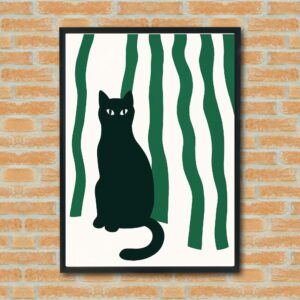 Minimalist Black Cat Wall Art – Modern Silhouette Cat Print – Abstract Botanical Cat Decor for Living Room or Office