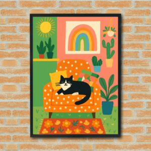 Cozy Cat Wall Art Print – Cute Black & White Cat on Orange Chair, Indoor Plant Decor, Rainbow Artwork, Boho Living Room Poster