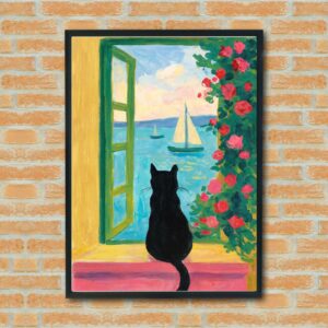 Black Cat Window View Wall Art – Coastal Sunset Print, Peaceful Cat Decor, Seaside Sailboat Scene, Floral Home Accent