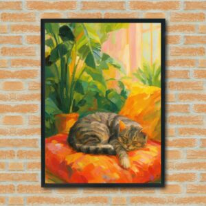 Sleeping Tabby Cat Wall Art – Cozy Home Decor with Plants & Sunlight – Peaceful Feline Painting for Cat Lovers