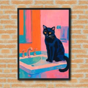 Black Cat Bathroom Wall Art – Vibrant Abstract Cat Print with Orange Eyes – Quirky Colorful Cat Decor for Home or Gift