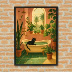 Black Cat in Tropical Vintage Bathroom – Cozy Clawfoot Tub Wall Art, Boho Plant Decor, Cat Lover Gift, Printable Bathroom Poster