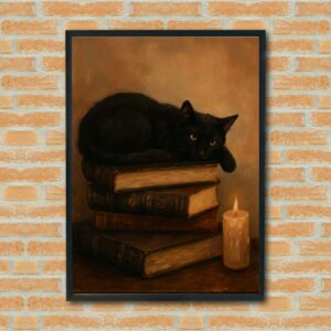 Mystical Black Cat Wall Art – Vintage Books & Candlelight – Cozy Gothic Home Decor Print