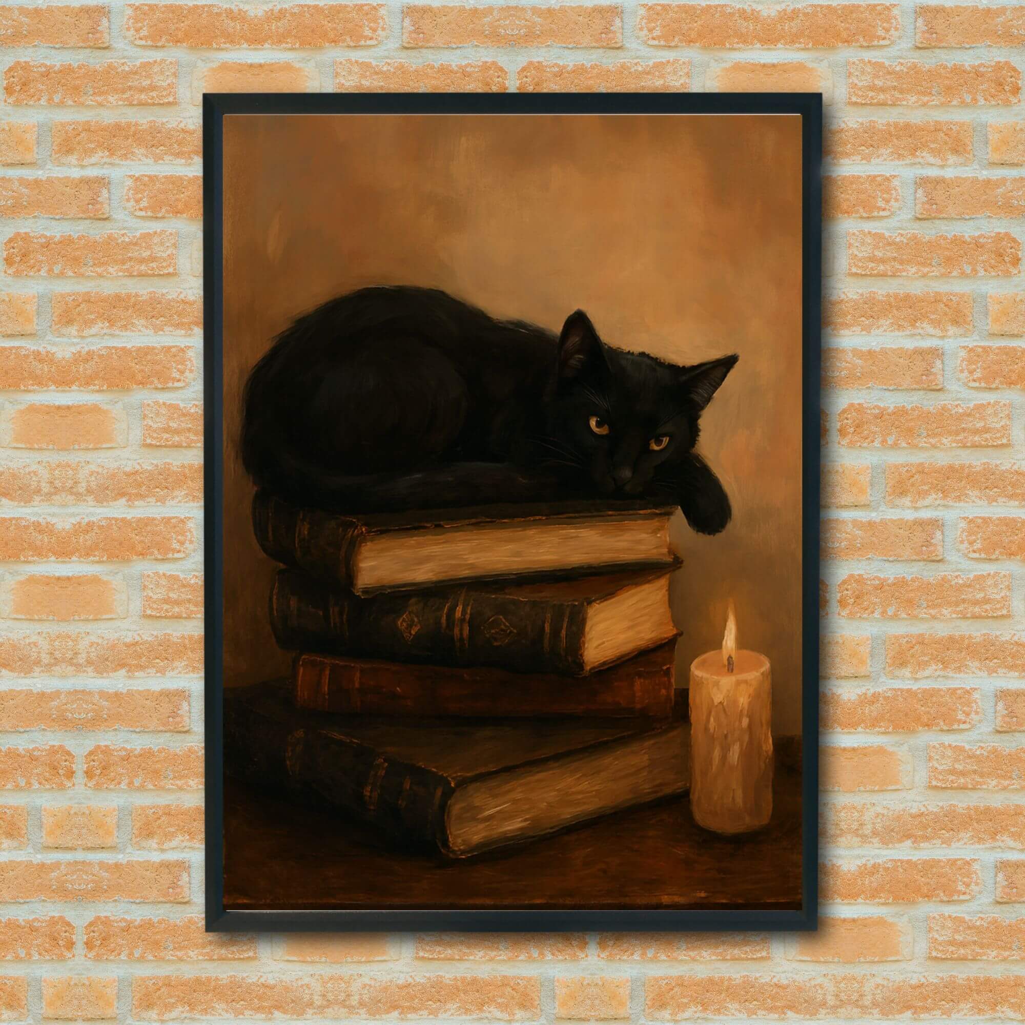 Mystical Black Cat Wall Art – Vintage Books & Candlelight – Cozy Gothic Home Decor Print