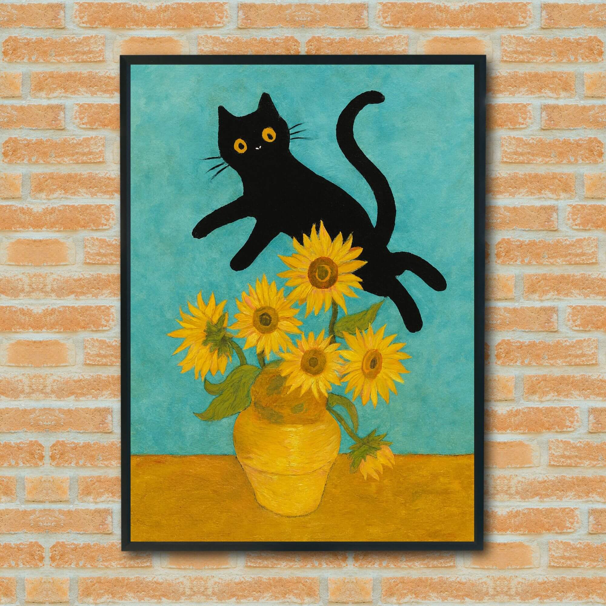 Black Cat & Sunflowers Wall Art – Whimsical Cat Print, Bright Floral Decor, Playful Pet Lover Gift