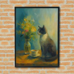 Cozy Cat with Flowers Wall Art – Gray & White Cat Painting, Tea Cup Still Life, Peaceful Home Decor for Living Room or Kitchen