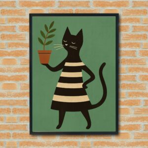 Minimalist Black Cat Wall Art – Whimsical Anthropomorphic Cat Holding Plant – Modern Animal Illustration for Home Decor