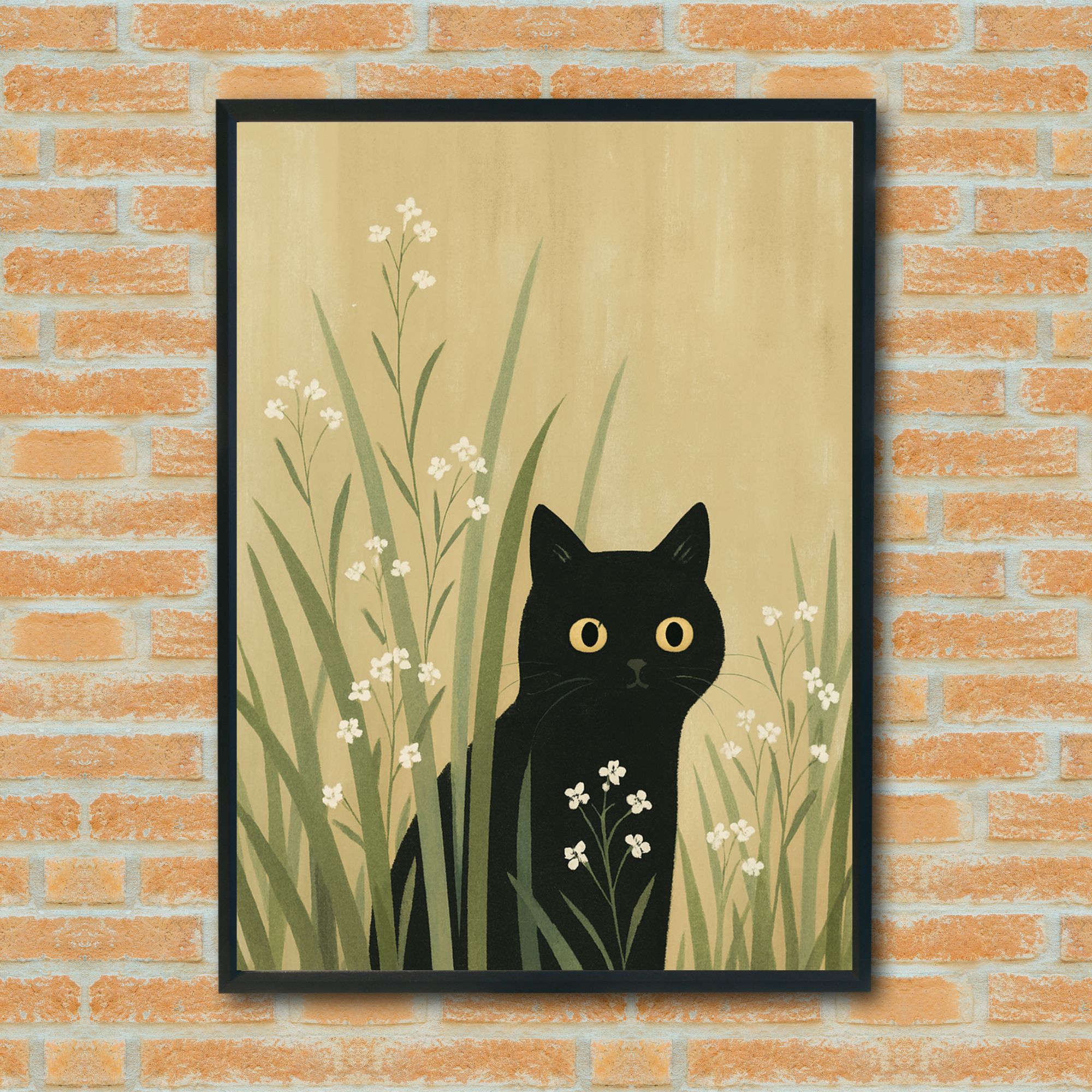 Black Cat Wall Art – Minimalist Cat Print with Wildflowers, Boho Animal Decor for Living Room or Nursery