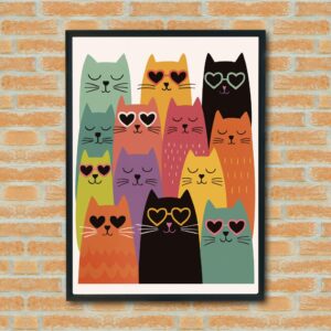 Colorful Cat Wall Art Print – Cute Cats with Heart Sunglasses – Whimsical Animal Decor for Kids Room or Nursery