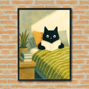 Black Cat Reading Book Wall Art – Cozy Bedroom Decor, Whimsical Animal Illustration, Cat Lover Gift, Printable Cat Poster