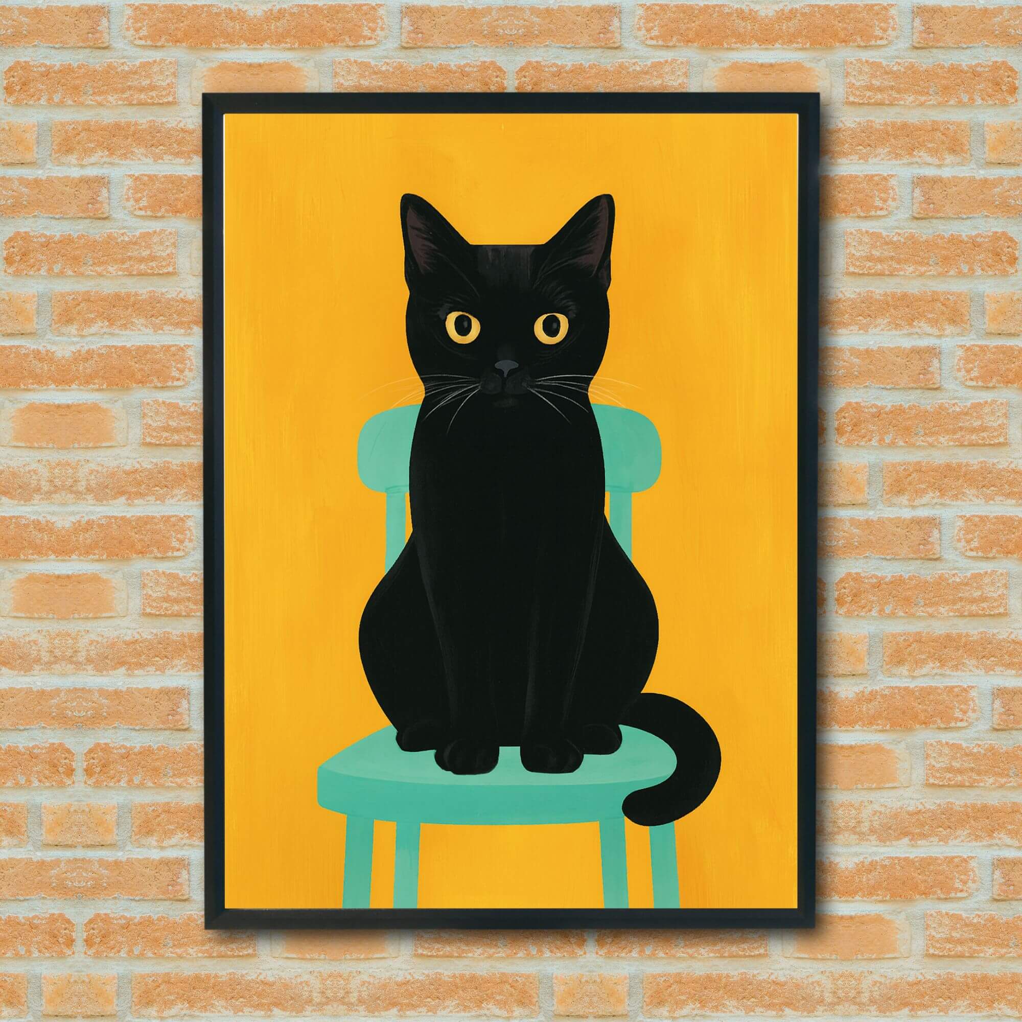 Black Cat Wall Art on Turquoise Chair – Bold Minimalist Animal Print for Modern Home Decor