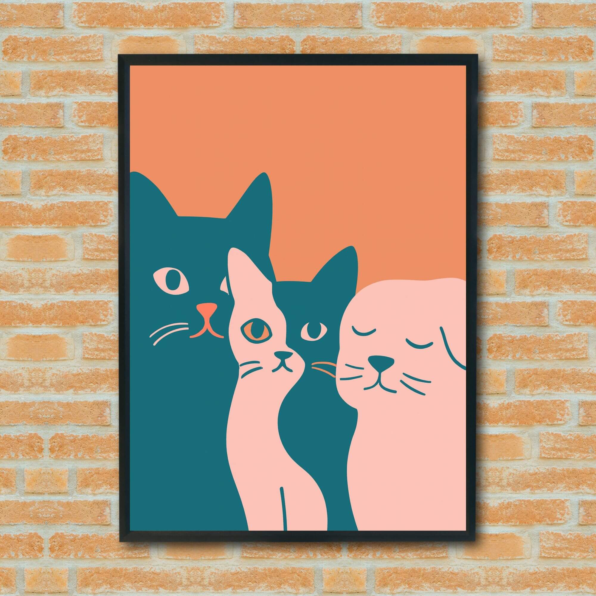 Modern Cat Wall Art – Minimalist Teal & Pink Animal Print, Cute Pet Decor for Living Room or Nursery