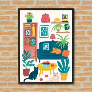 Cozy Cat Trio in Vibrant Living Room – Digital Wall Art for Cat Lovers