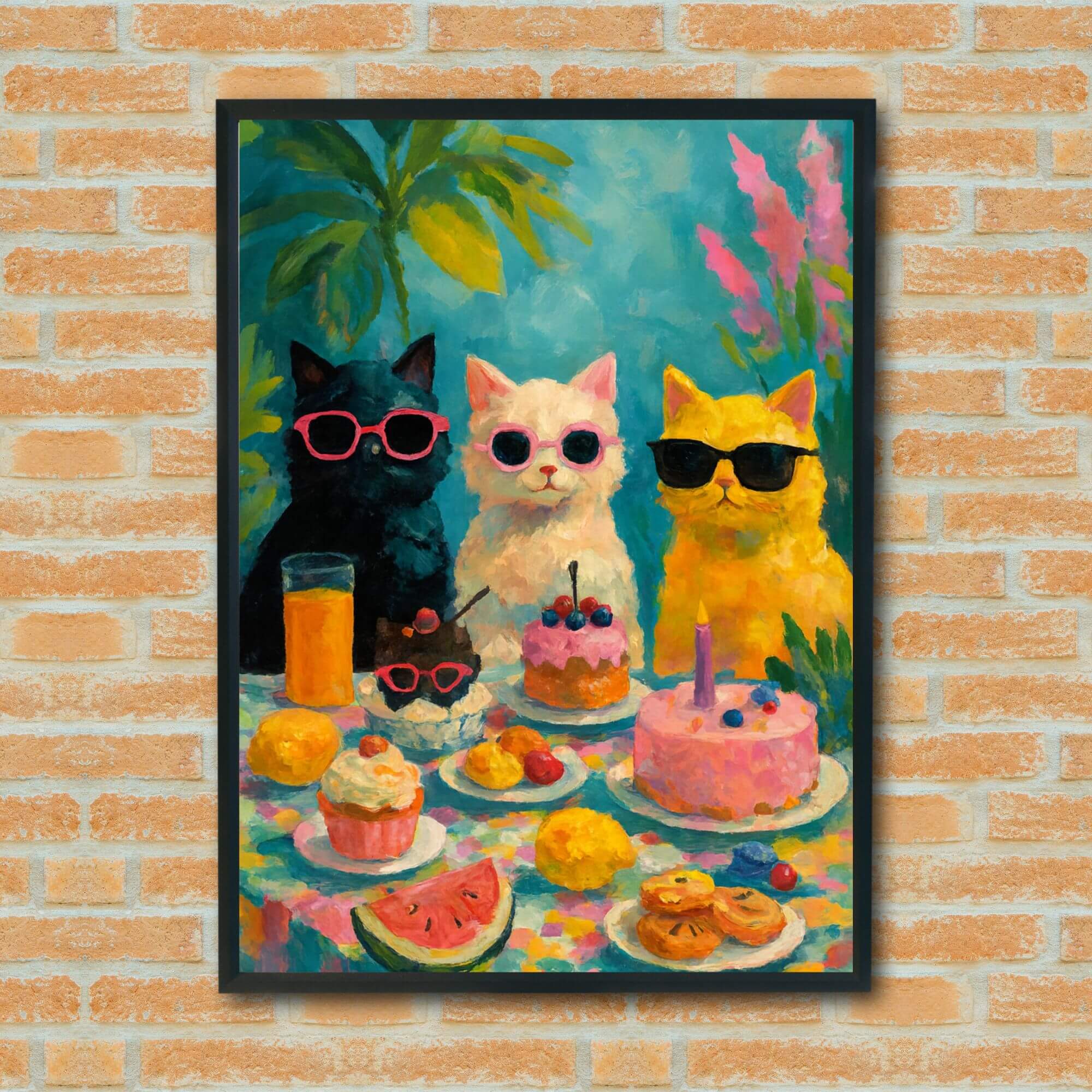 Cool Cats Dessert Party Wall Art – Tropical Sunglasses Cat Print for Kitchen or Cafe Decor