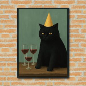 black cat wall art, funny cat print, wine lover decor, cat party poster, unimpressed cat art, cat lover gift, quirky animal artwork, feline humor print, cat wine art, moody cat illustration, pet lover wall decor, sarcastic cat poster, cat birthday wall art, whimsical cat painting, cat themed home decor