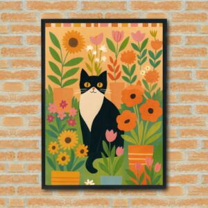 Colorful Cat Wall Art – Black & White Cat with Flowers – Whimsical Botanical Print for Home Decor, Pet Lovers Gift