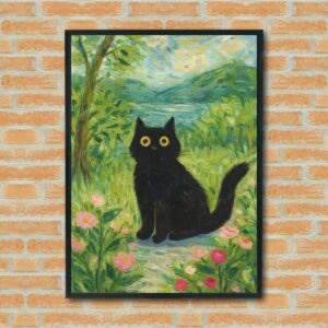 Mystical Black Cat Wall Art – Vibrant Garden Landscape Painting for Cat Lovers, Whimsical Home Decor