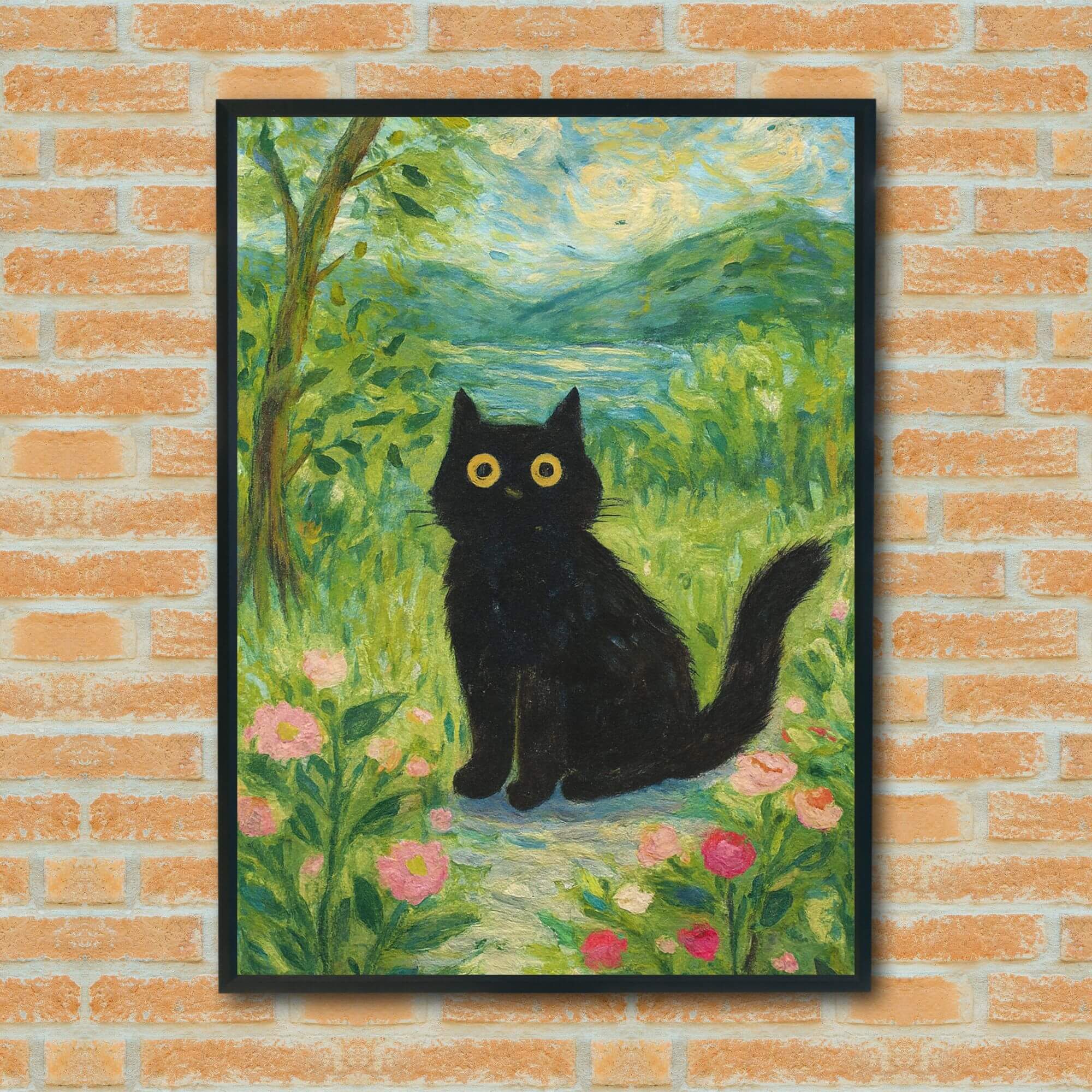 Mystical Black Cat Wall Art – Vibrant Garden Landscape Painting for Cat Lovers, Whimsical Home Decor