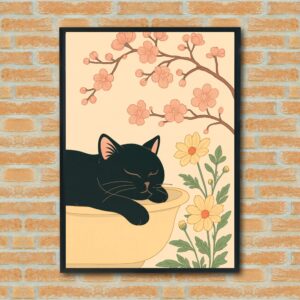 Sleeping Black Cat in Bowl – Cherry Blossom & Daisy Floral Wall Art, Pastel Cat Print for Calm Decor