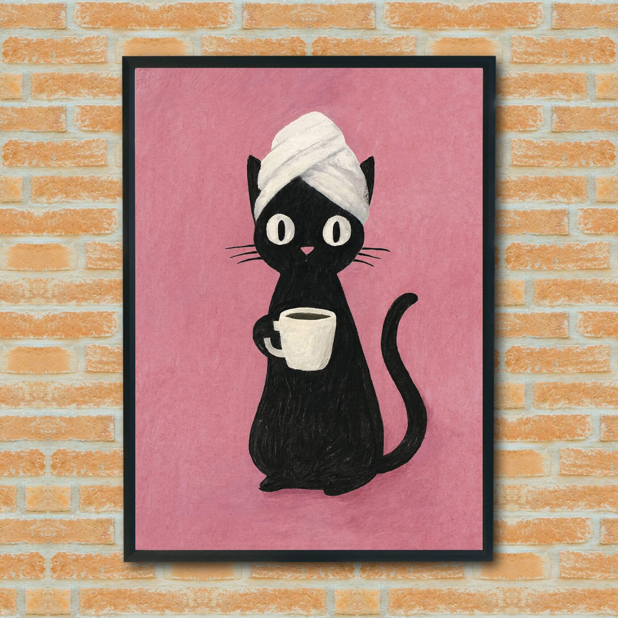 Black Cat with Coffee Mug – Funny Cat Wall Art, Pink Background, Turban Towel Cat Print, Cozy Bathroom Decor