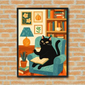 Cozy Black Cat Wall Art, Reading Cat Illustration Print, Cute Cat in Armchair Decor, Book Lover Art, Warm Home Decor, Cat Lover Gift