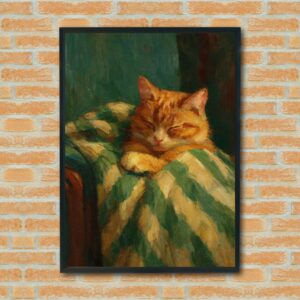 Cozy Sleeping Cat Wall Art, Vintage Oil Painting Style Cat Print, Warm Home Decor, Orange Tabby Cat Artwork, Relaxing Cat Illustration, Cat Lover Gift