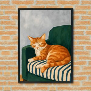 Sleeping Orange Cat Wall Art, Cozy Cat on Sofa Print, Striped Cushion Cat Illustration, Calming Cat Decor, Orange Tabby Painting, Cat Lover Gift
