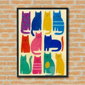 Colorful Cartoon Cat Wall Art Print – Whimsical Animal Decor for Kids Room, Nursery or Cat Lover Gift