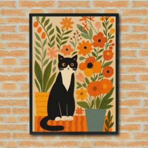 Whimsical Black & White Cat Wall Art – Floral Decor for Living Room, Cute Animal Print, Orange Botanical Illustration