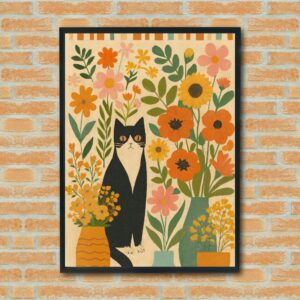 Whimsical Black & White Cat Wall Art with Colorful Flowers – Playful Floral Cat Print for Home Decor, Pet Lovers Gift