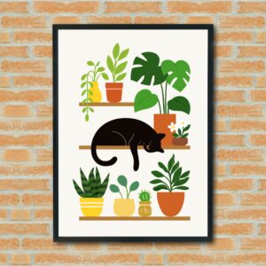 Sleeping Black Cat on Plant Shelf – Cozy Botanical Wall Art, Minimalist Cat Lover Gift, Boho Home Decor Printable