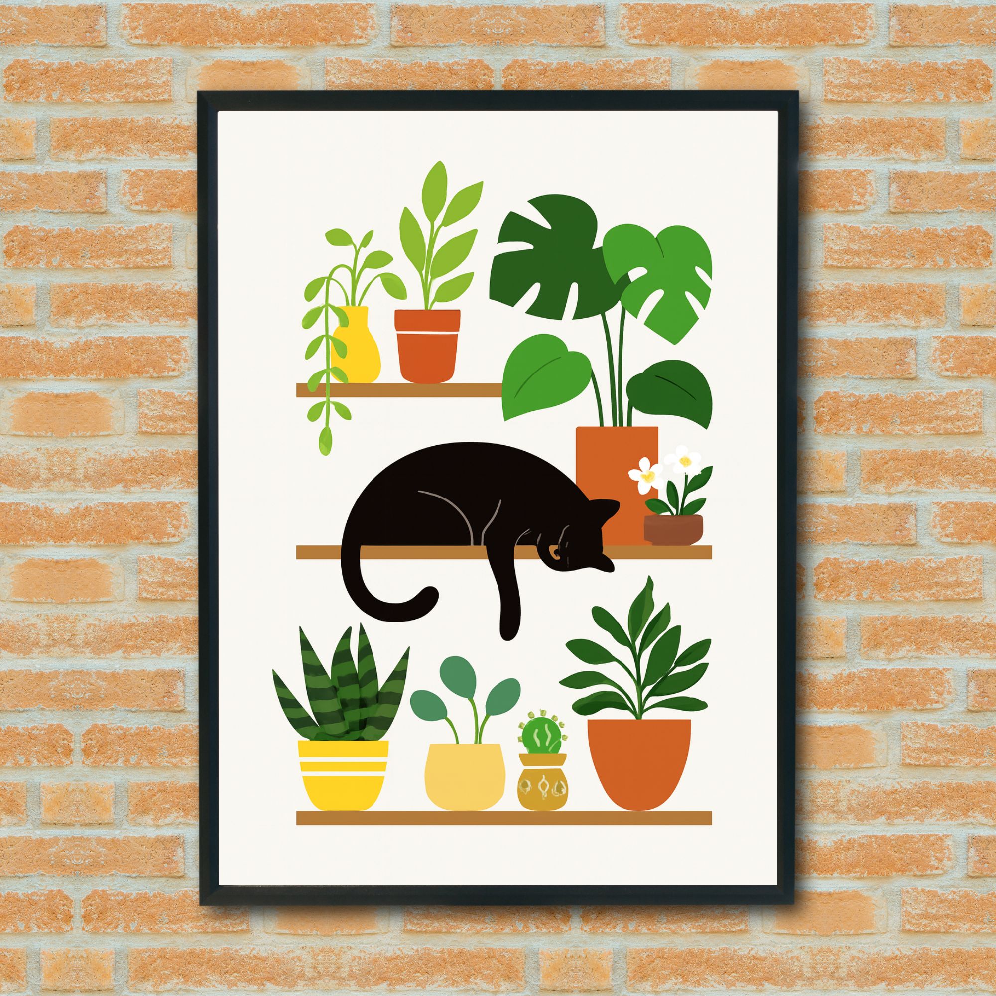 Sleeping Black Cat on Plant Shelf – Cozy Botanical Wall Art, Minimalist Cat Lover Gift, Boho Home Decor Printable