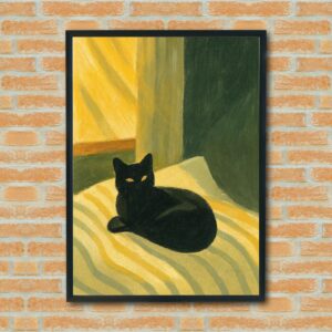 Cozy Black Cat Wall Art – Warm Bedroom Scene, Striped Blanket, Peaceful Pet Decor for Cat Lovers