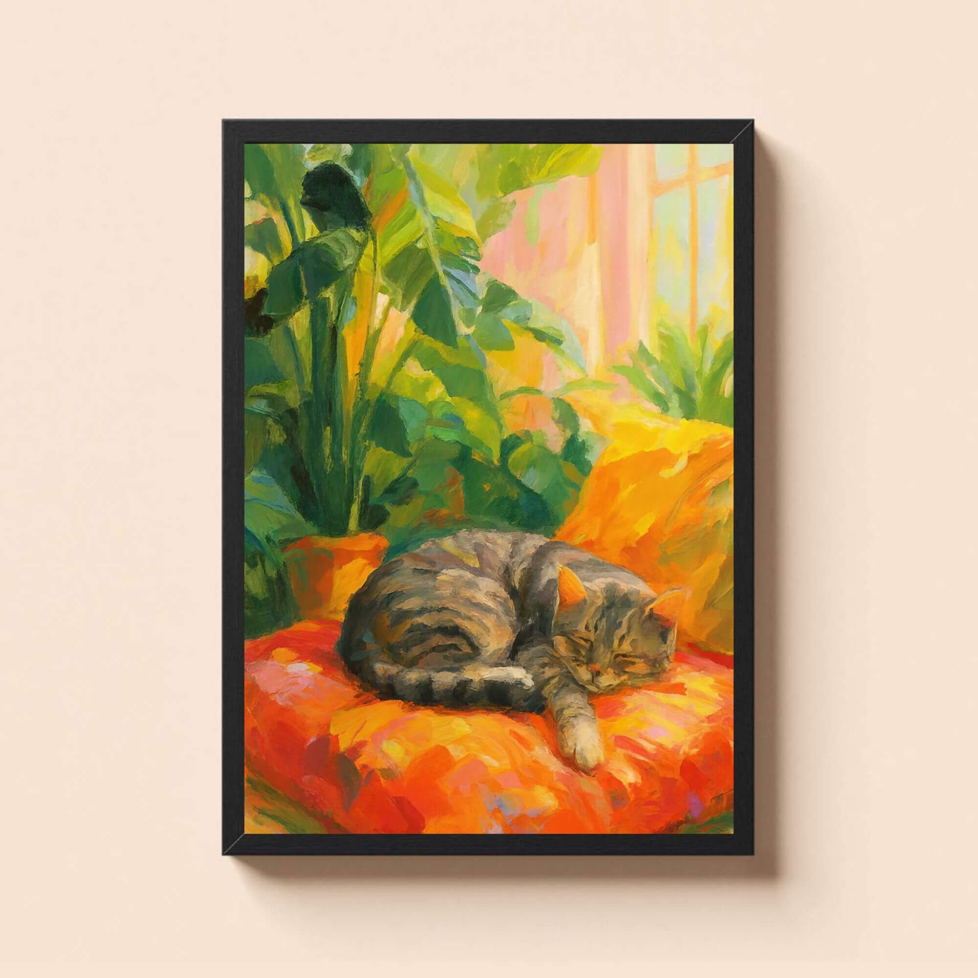 Sleeping Tabby Cat Wall Art – Cozy Home Decor with Plants & Sunlight – Peaceful Feline Painting for Cat Lovers - Image 2