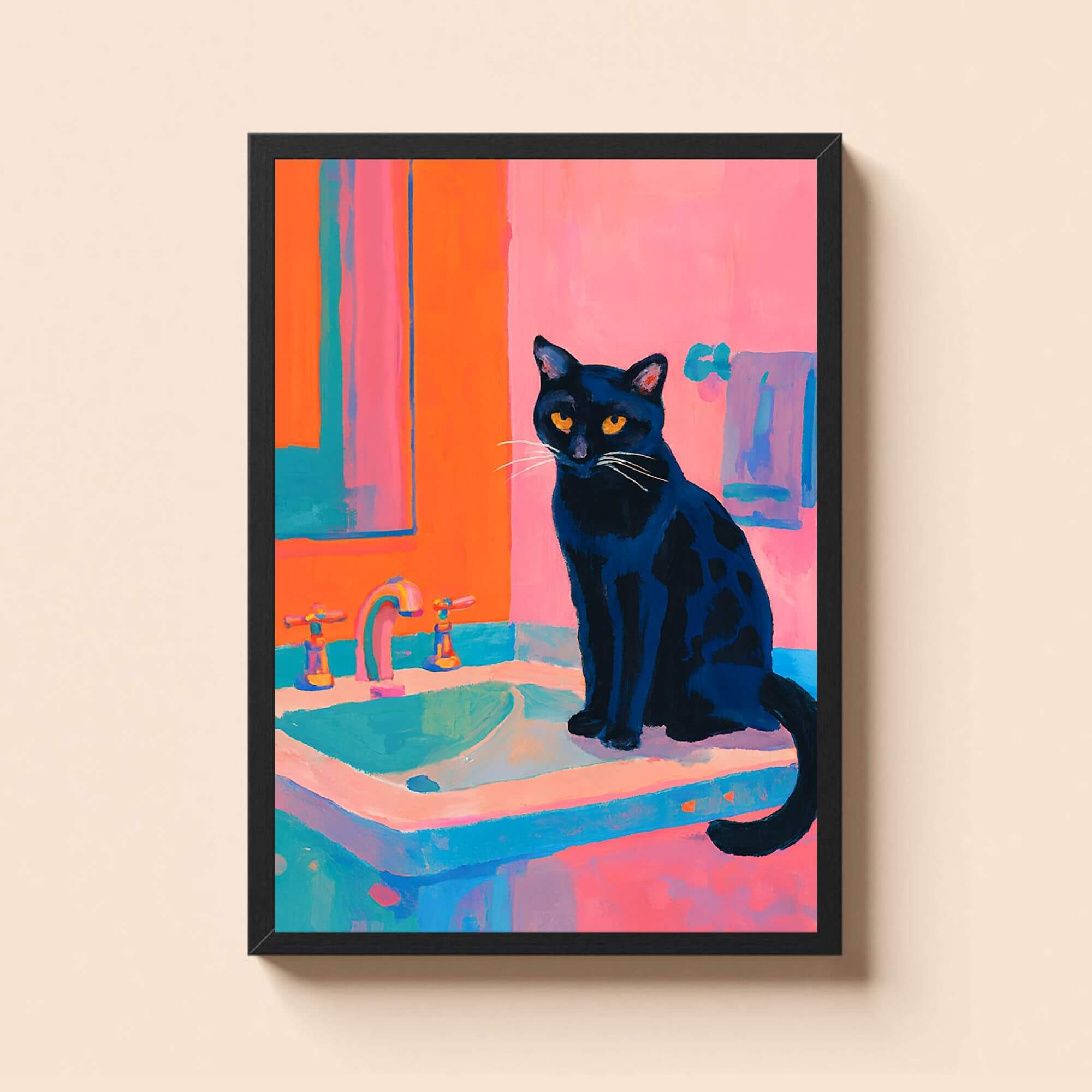 Black Cat Bathroom Wall Art – Vibrant Abstract Cat Print with Orange Eyes – Quirky Colorful Cat Decor for Home or Gift - Image 3