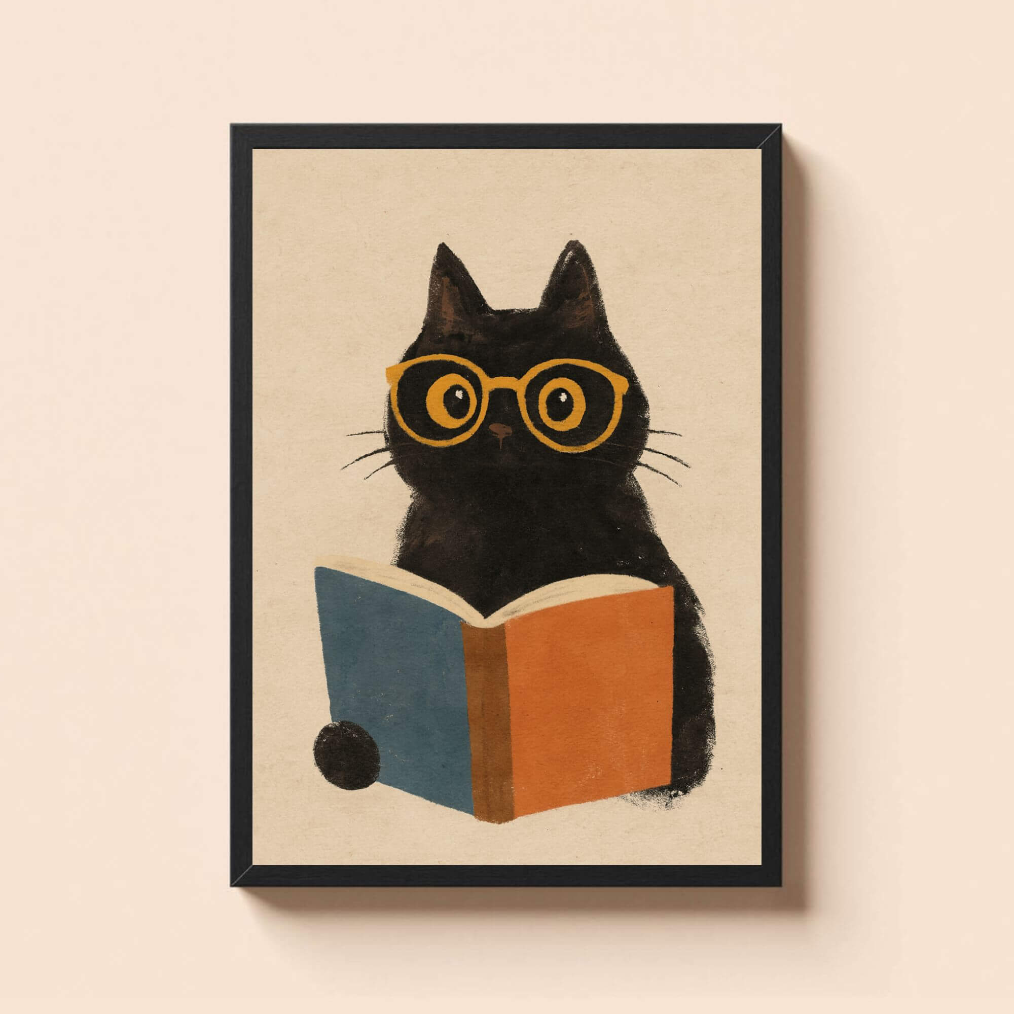Black Cat Reading Book Wall Art – Cute Cat Poster with Glasses – Whimsical Animal Decor for Book Lovers & Kids Room - Image 2