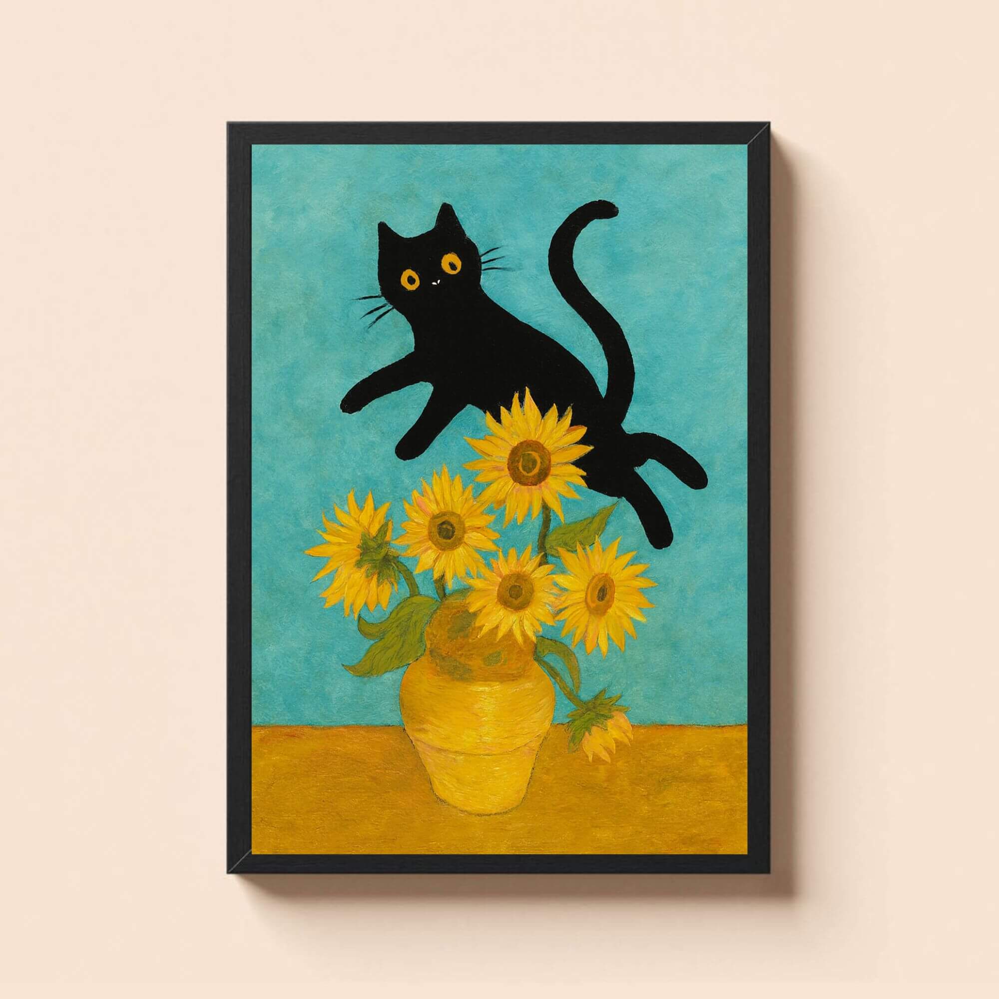 Black Cat & Sunflowers Wall Art – Whimsical Cat Print, Bright Floral Decor, Playful Pet Lover Gift - Image 2