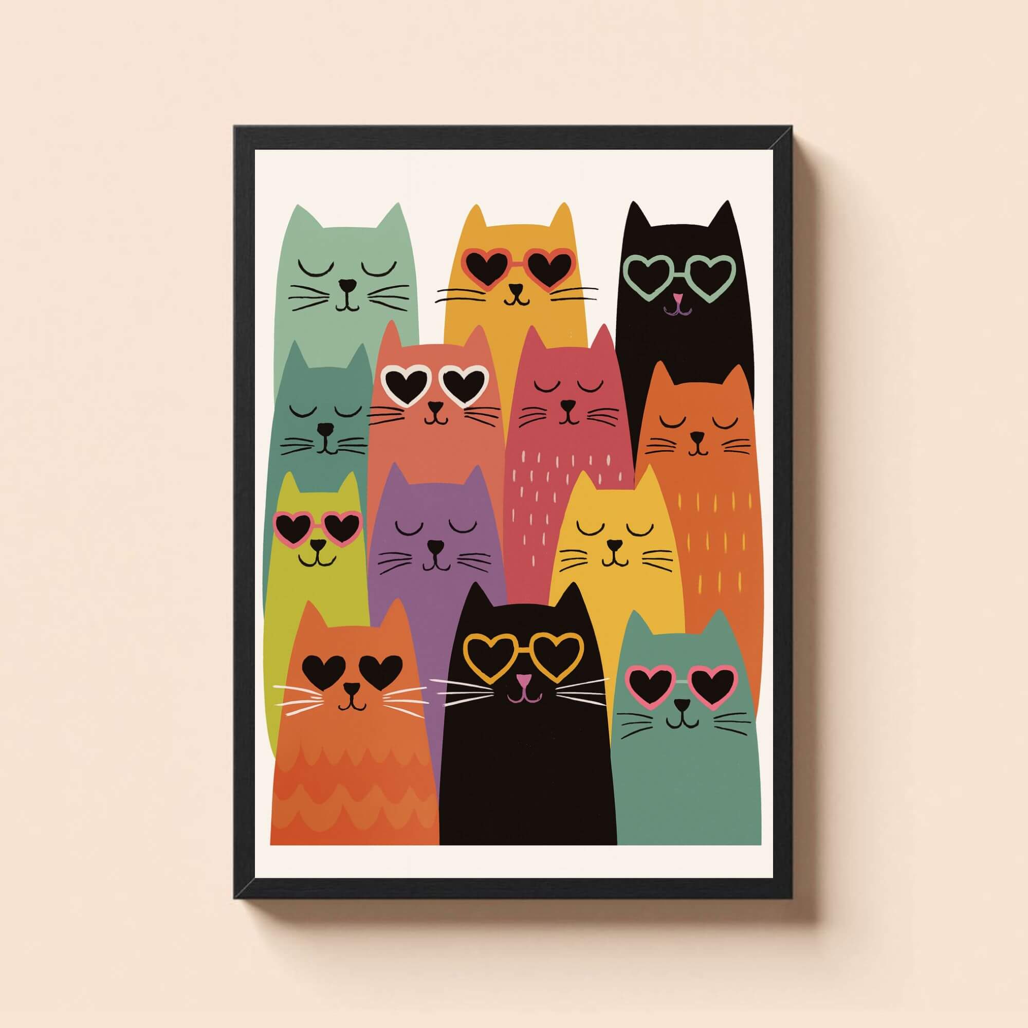 Colorful Cat Wall Art Print – Cute Cats with Heart Sunglasses – Whimsical Animal Decor for Kids Room or Nursery - Image 2