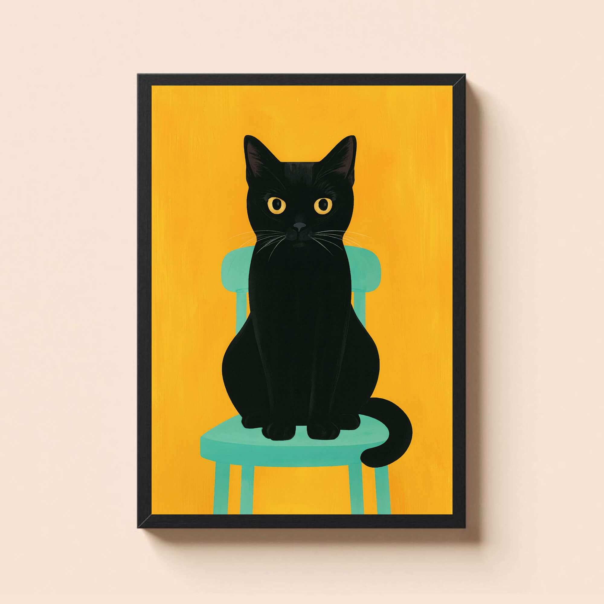 Black Cat Wall Art on Turquoise Chair – Bold Minimalist Animal Print for Modern Home Decor - Image 2