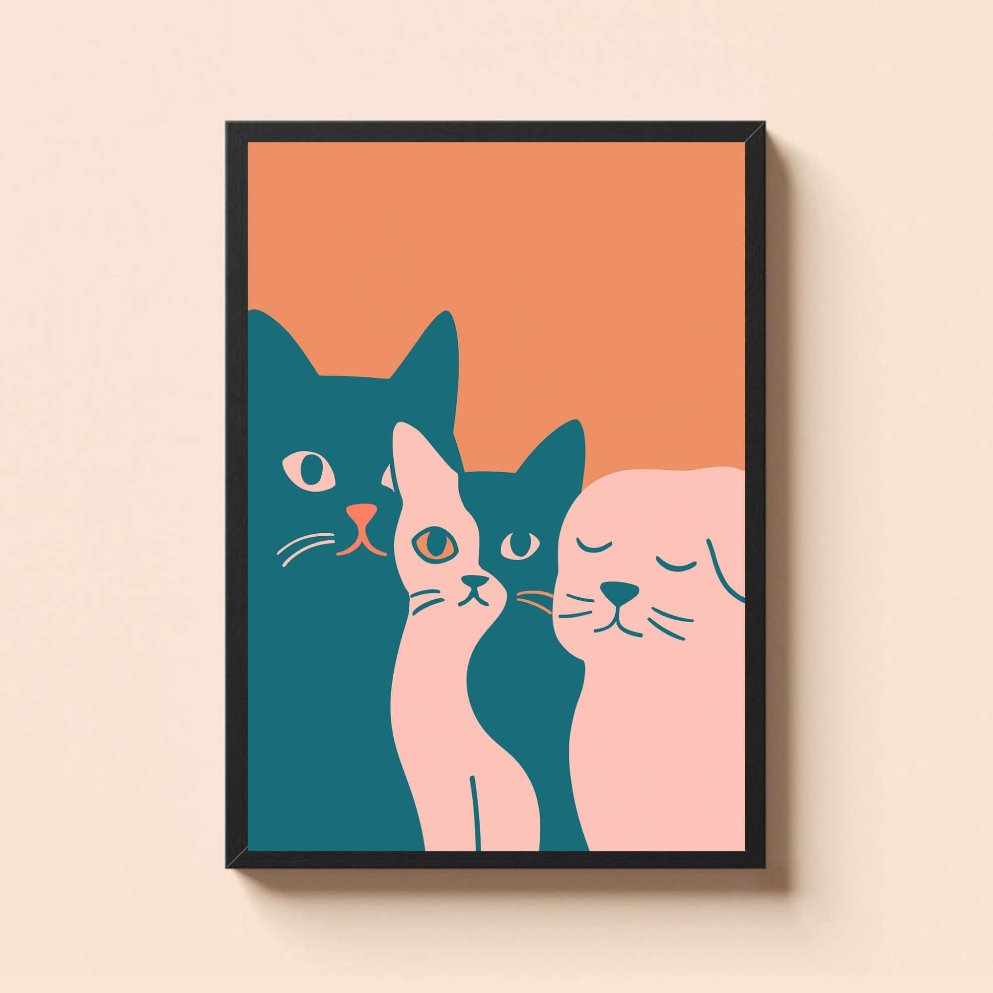 Modern Cat Wall Art – Minimalist Teal & Pink Animal Print, Cute Pet Decor for Living Room or Nursery - Image 2